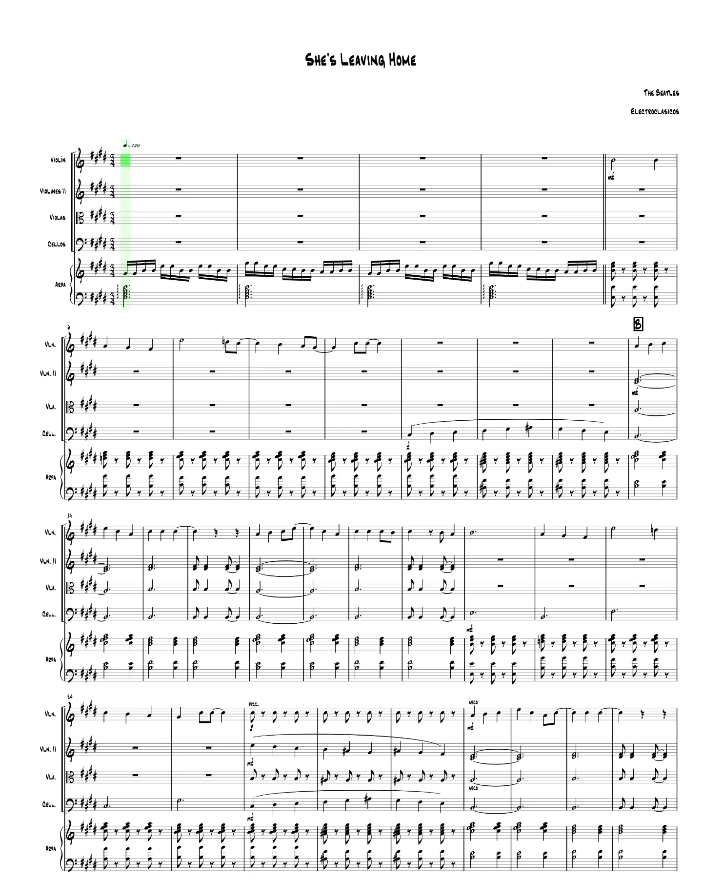 Sheet Music String Quartet She's Leaving Home, The Beatles