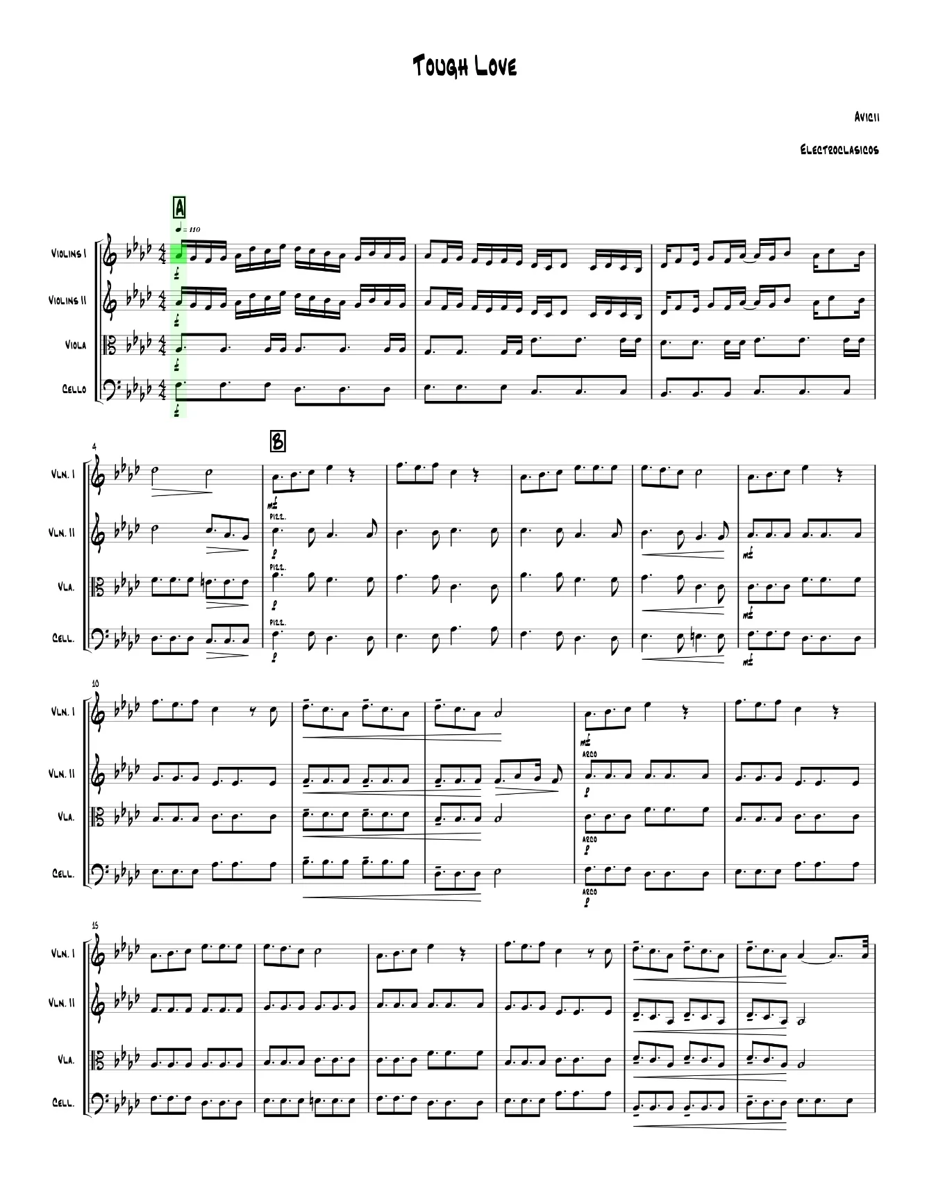 Sheet Music String Quartet Tough Love, Avicii