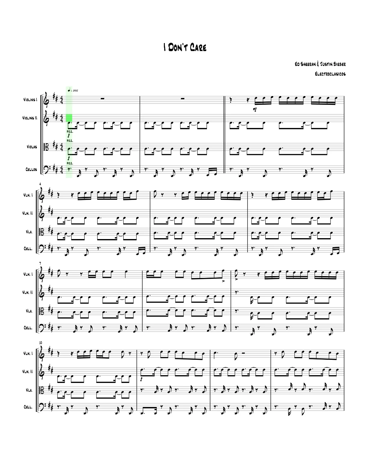 Sheet Music String Quartet I Don't Care, Ed Sheeran & Justin Bieber