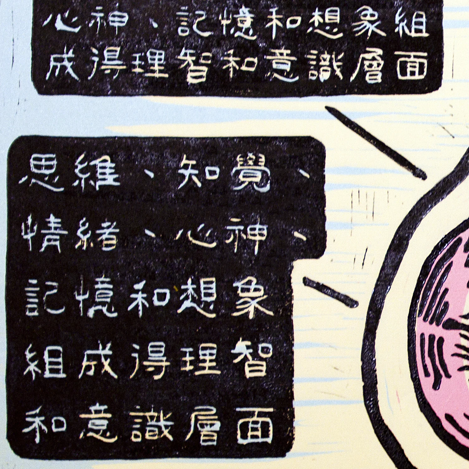 12" x 18" Linoleum relief print, ed. 1/9 (detail) This print compares the Chinese equivalent definitions of “mind” and “brain”. The definition of “mind” writes: “a layer of intellect and consciousness, constituted of thoughts, perceptions, emotions, state, memories, and imagination”. 2012