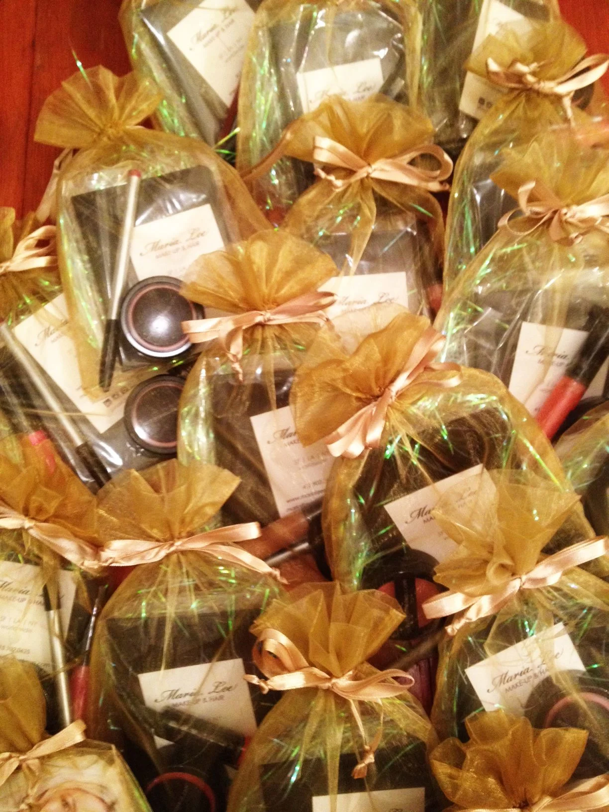Gift bags my assistant Jessica and I put together. Each bag contained some of my favorite products to use in my studio! I selected an assortment of lip liners, cream blushes and lipsticks in various colors.