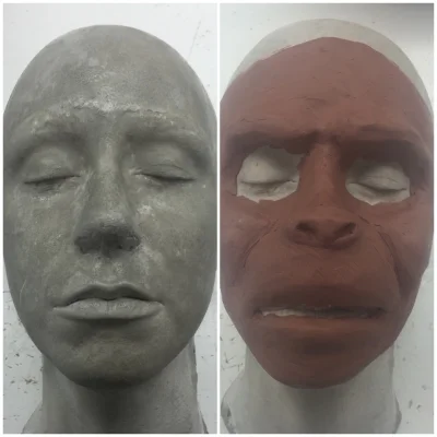 My partner's positive stone mold (left) and the monkey I started sculpting on top of it (right).