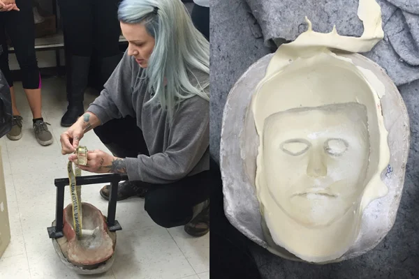 After mixing the foam latex ingredients and pouring into the mold, we baked it in the oven. My teacher Karrieann showed us how to break open the mold to reveal the mask!