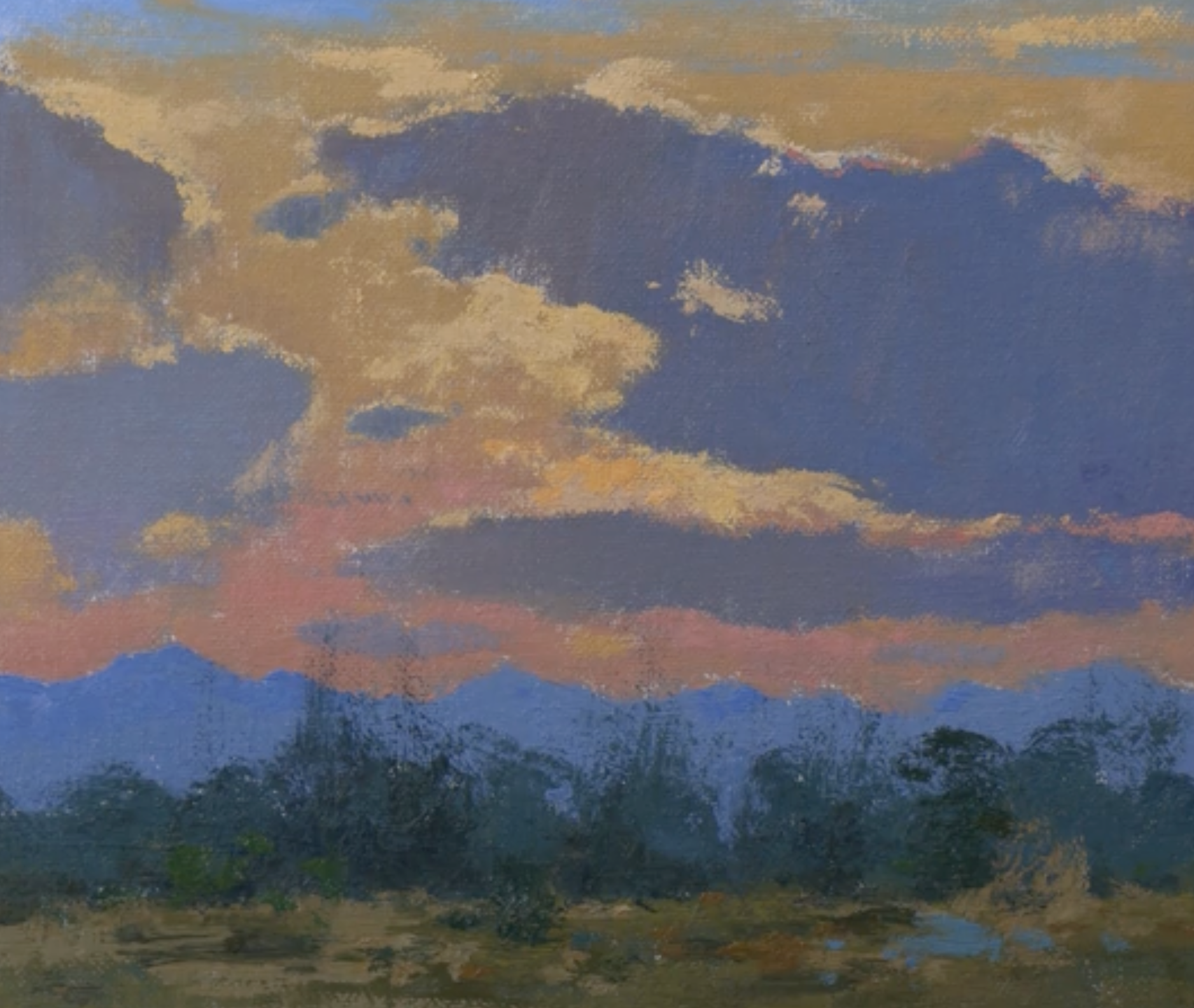 A painting of a sunset or sunrise with orange, pink, yellow, purple, and blue clouds above mountain silhouettes, with a green landscape in the foreground.