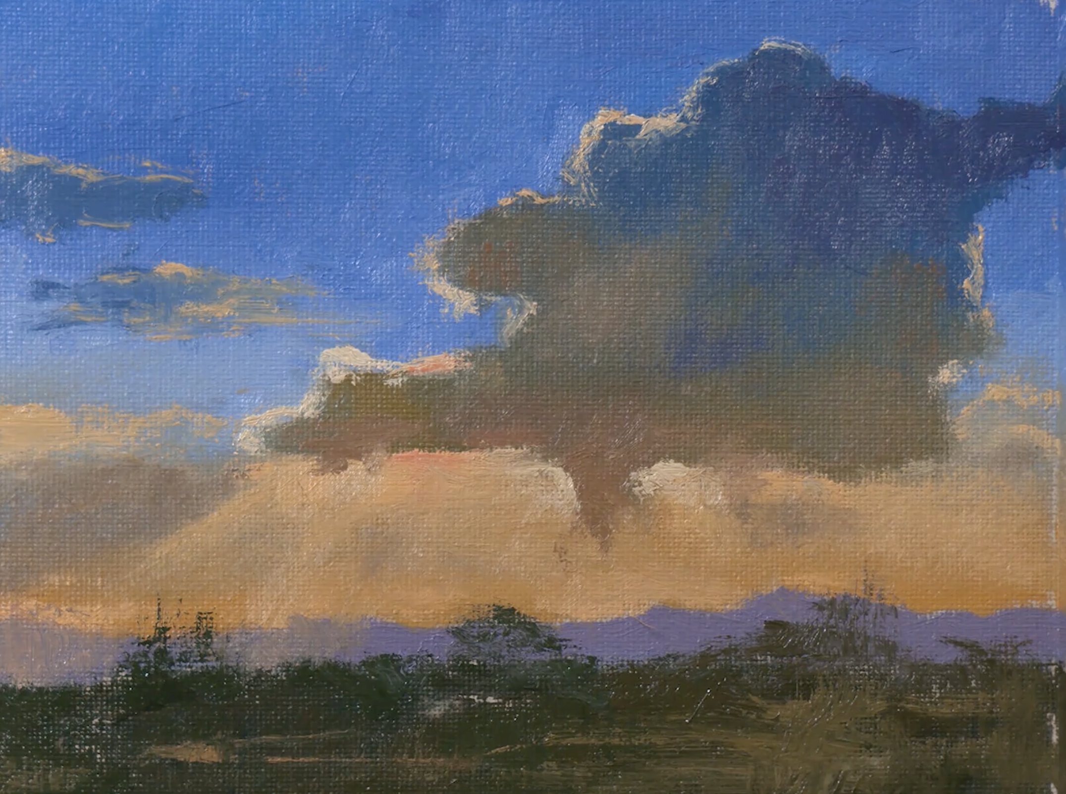 A landscape painting of a sky with large dark clouds and orange hues, with silhouettes of trees and distant mountains at the horizon.