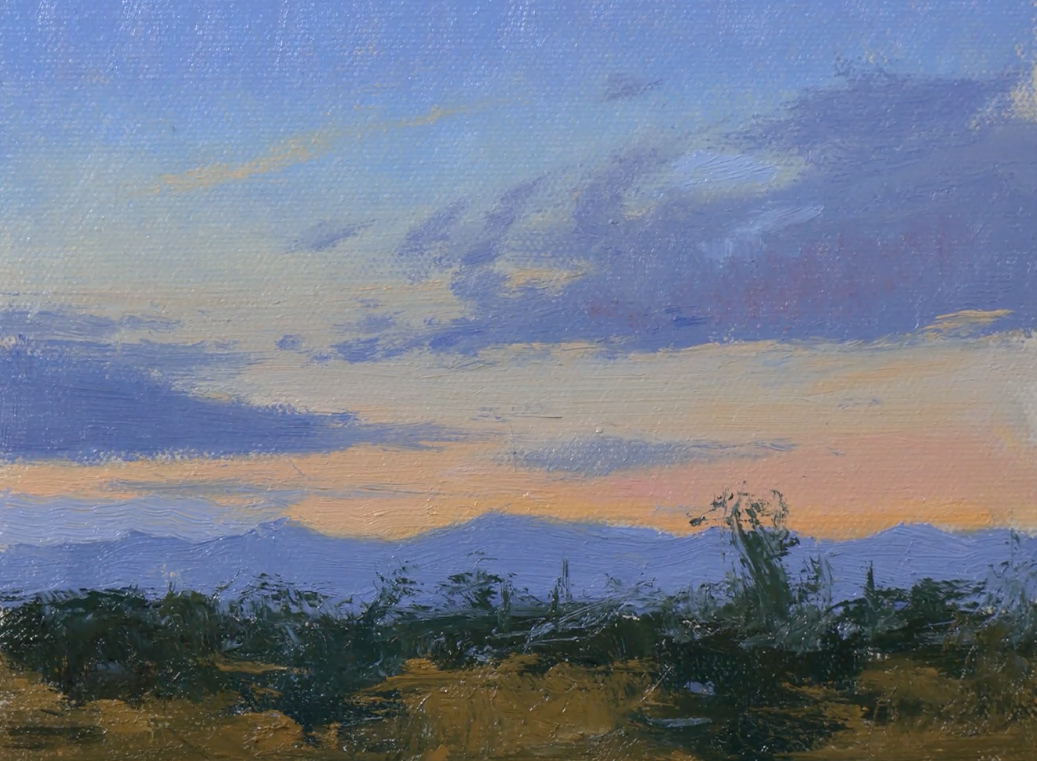 An oil painting of a landscape with mountains in the distance, a sky with soft clouds, and green grass or shrubs in the foreground.