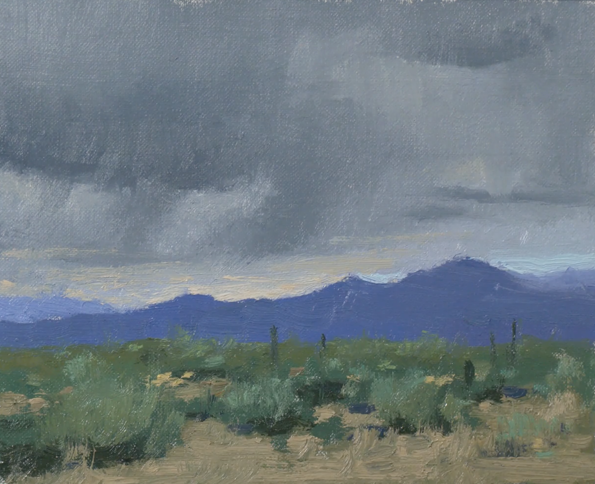 Oil painting of a cloudy sky over mountain range and desert landscape with sparse vegetation.