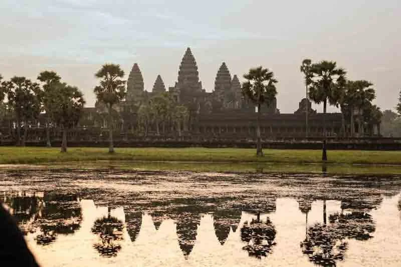 View of Angkor Wat temple complex with water reflecting the structure and palm trees.