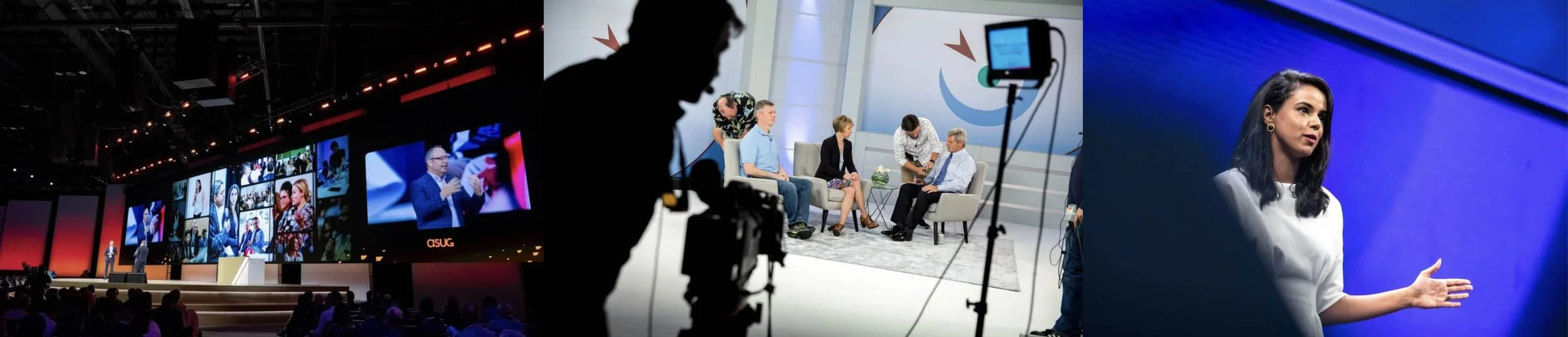 A collage of three images from a conference or talk show. The left image shows a large stage with multiple screens displaying audience members and speakers. The middle image shows a behind-the-scenes view of a studio with people seated on a sofa, preparing for filming, and a camera operator at work. The right image features a woman speaking or presenting in front of a blue background.