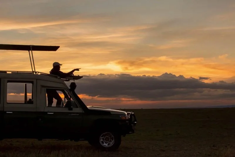 Silhouette of a person standing in a vehicle, pointing, during a sunset over a flat landscape.