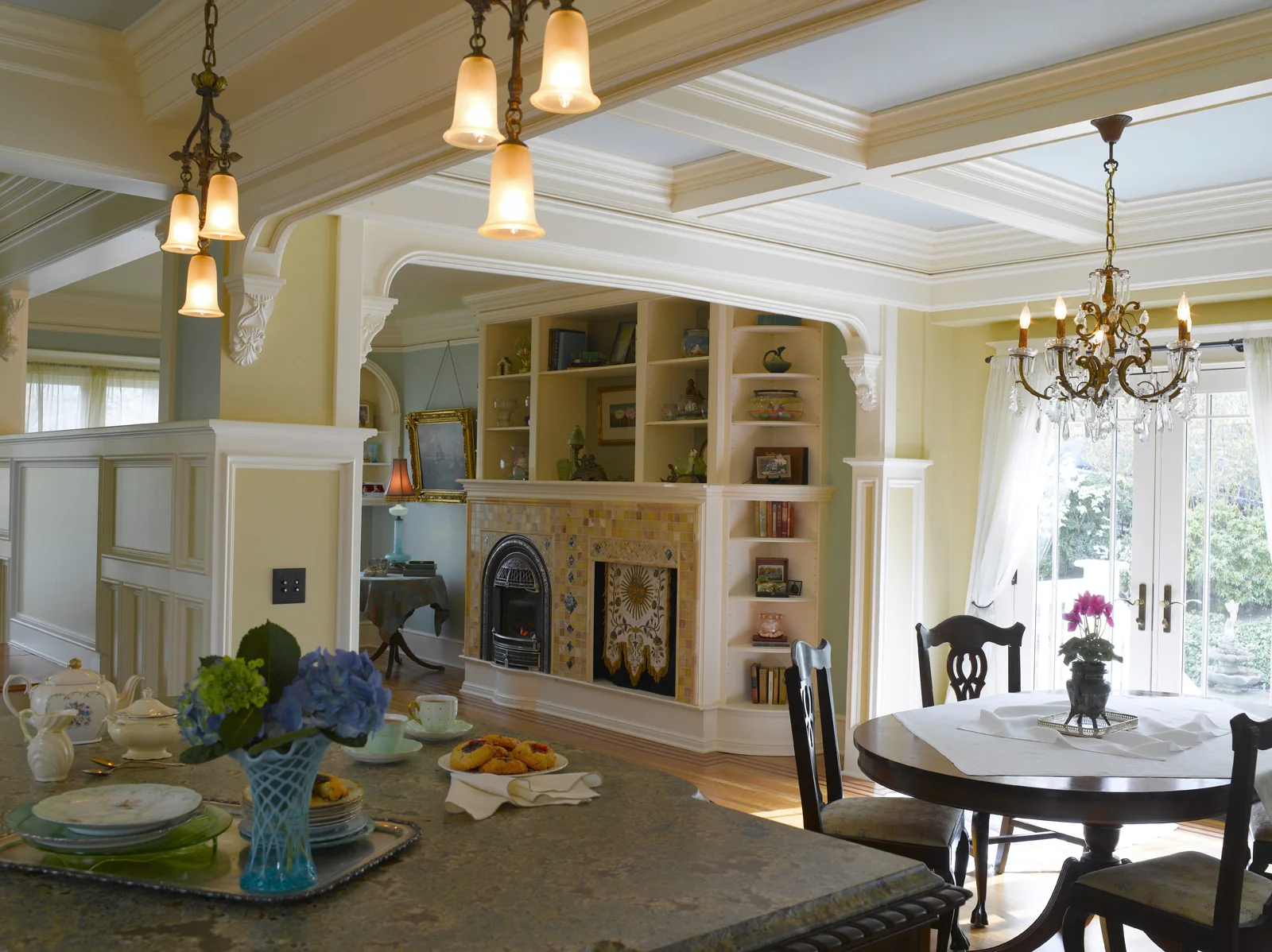 The blue on this ceiling is actually a white with the slightest hint of blue hue that makes it look blue next to the creamy white trim.