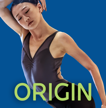 Terpsicorps dancer posing against a blue background in a promotional image for ORIGIN: New Voices in Dance.