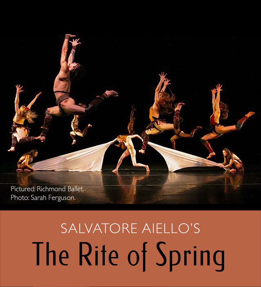 Dancers from Salvatore Aiello's The Rite of Spring leap and move across a dramatically lit stage.