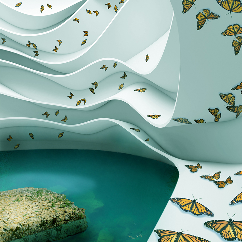 This nontraditional meditation hall combines the elements of light, air and water. Air gently flows through the space while water surrounds the meditation platform. Light enters through a skylight above. Other images of this concept can be found here . 