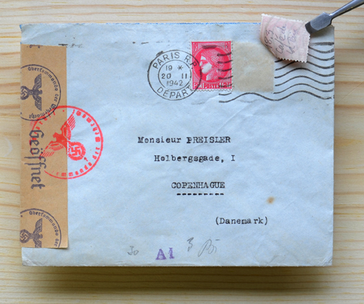French mail was regularly inspected during the Nazi occupation. To avoid detection, simple messages such as times, dates and locations could be sent on the back of stamps, as shown here. Hélène couriered letters like this.