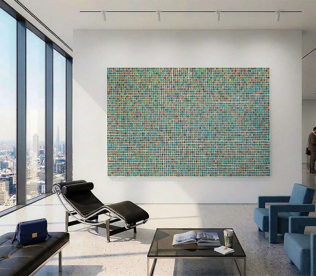 “Portraits of a Nation” is composed of thousands of Queen Elizabeth II postage stamps, small units of communication that once traveled through global networks. Together they form a vibrant field of color reflecting the interconnected people, ideas, 