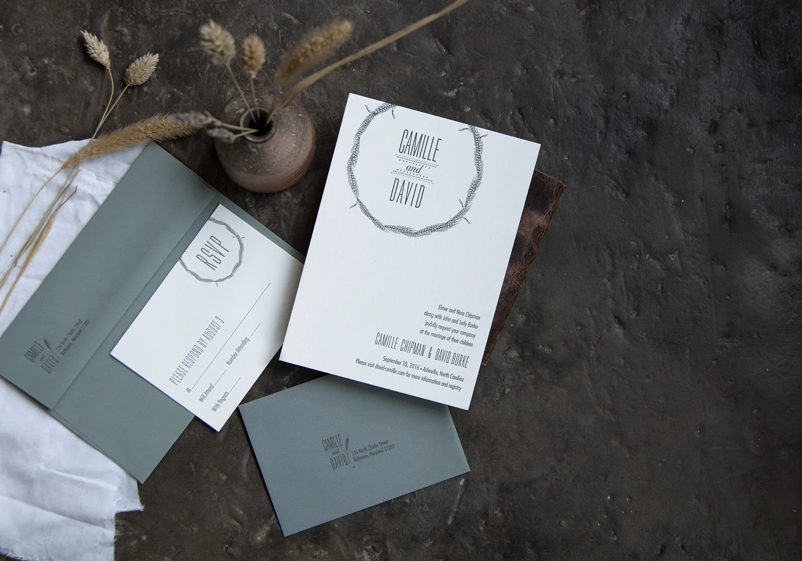 Camille &amp; David: Letterpress printed wedding invitation suite.&nbsp;