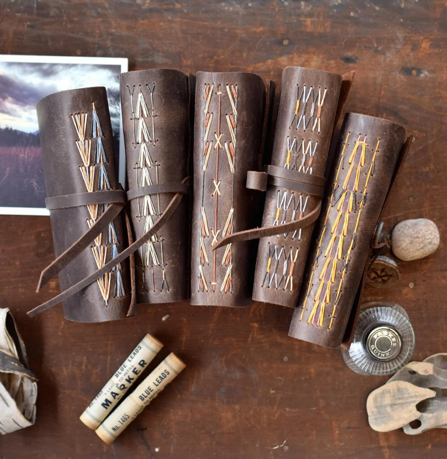 For drawing. For writing. For collecting. This little collection features intricately sewn spines and smooth paper great for lots of uses. Online or in the shop.#leatherlongstitch #leatherjournals #handmadebooks #handmade