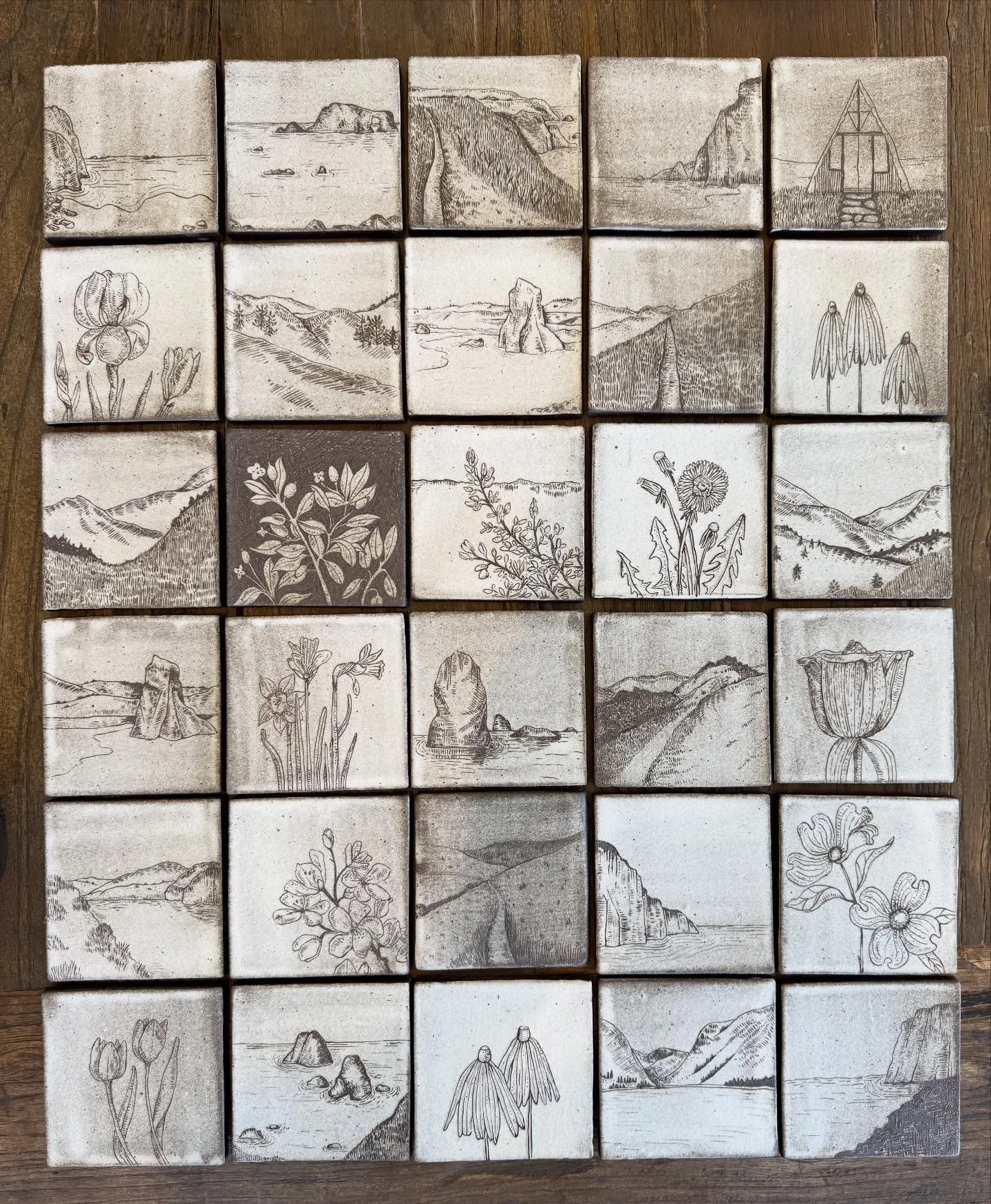 Hike. Carve. Repeat. New coasters/mini wall hangings in the shop featuring the Sonoma Coast, Lake Tahoe, Yosemite, the Blue Ridge, flowers, and more. Available in our little #petaluma shop @flmceramics @petalumapottery #carvingclay #sonomacounty #lak