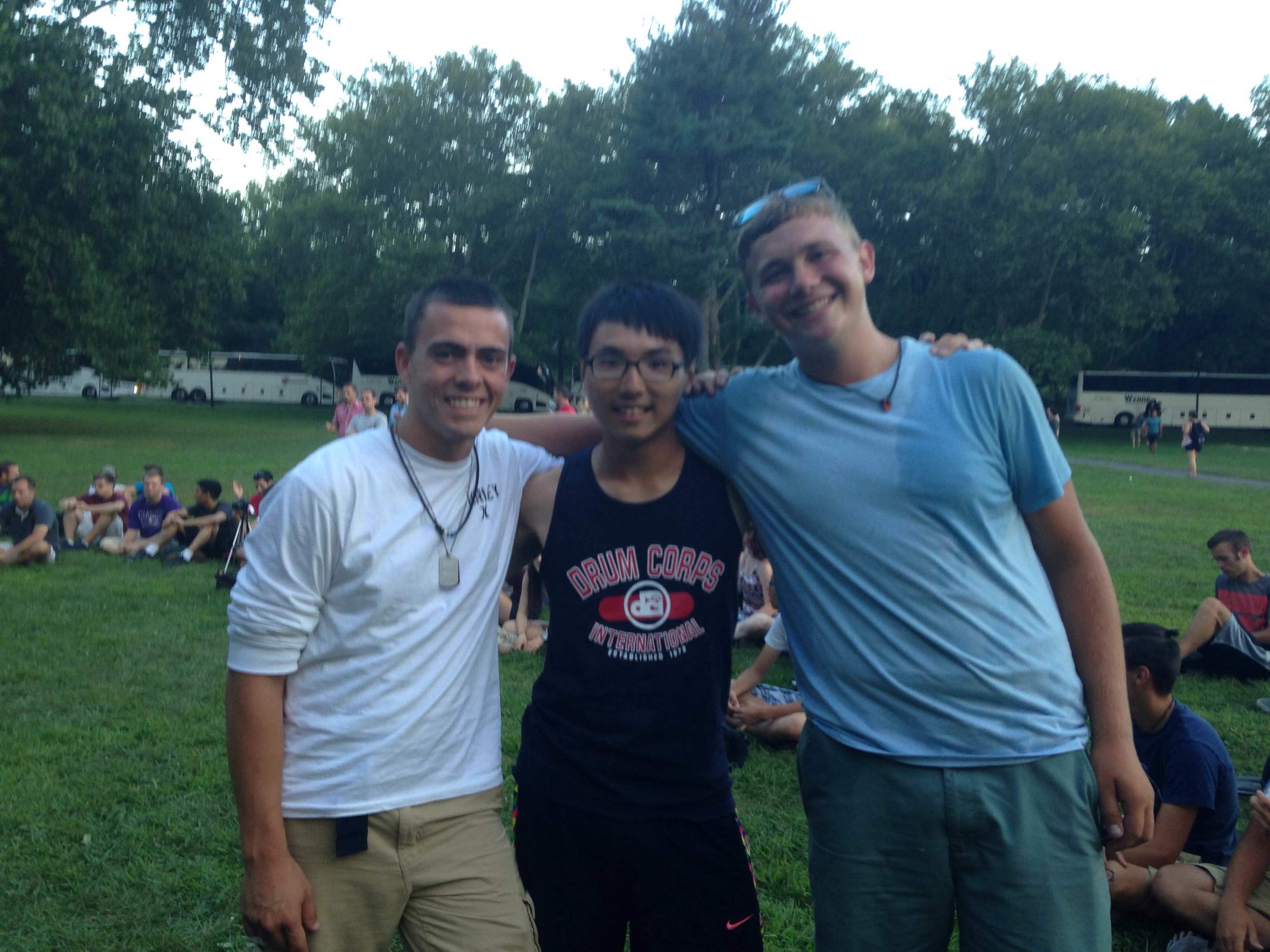 Chia-Heng Chu (middle) with 2015 Snare Alumni Michael Seville and Connor Horwath at DCI East.