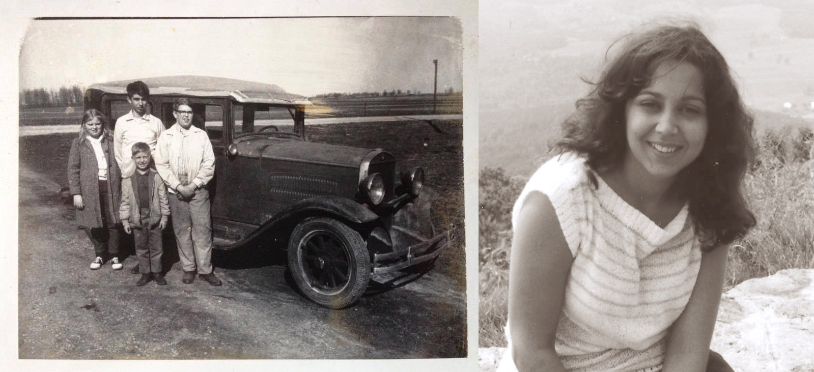 Above, Left: The Souers kids (my dad in the back) in 1970 with their father's 1930 Hudson Essex. Right: My mom in 1982.