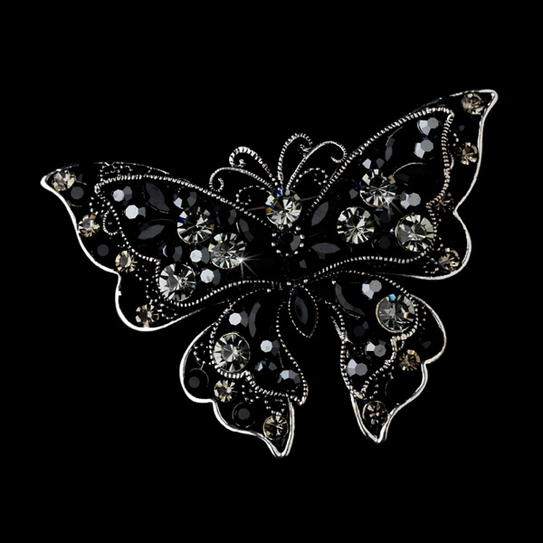 Rhodium Black & Clear Crystal Butterfly Bridal Brooch