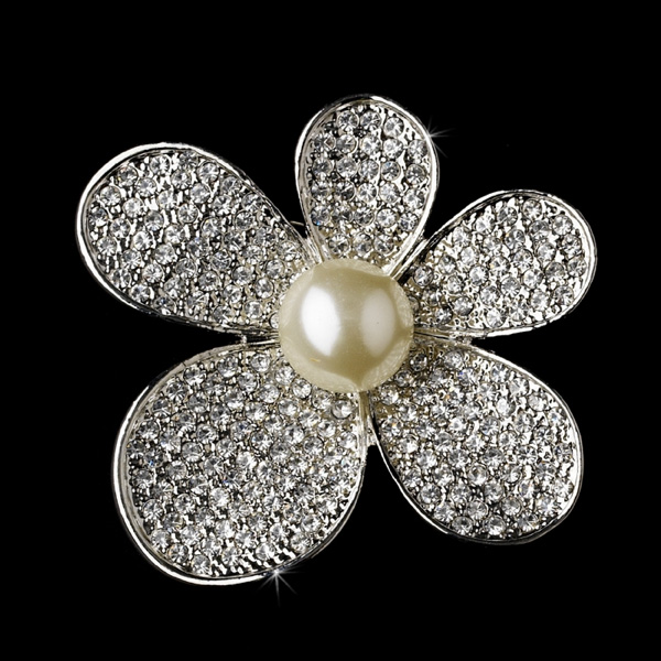 Rhinestone Encrusted Flower Bridal Brooch with Pearl Center