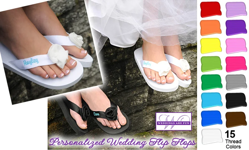 Personalized Wedding Flip Flops with a rosebud adornment | from @weddingflipflop