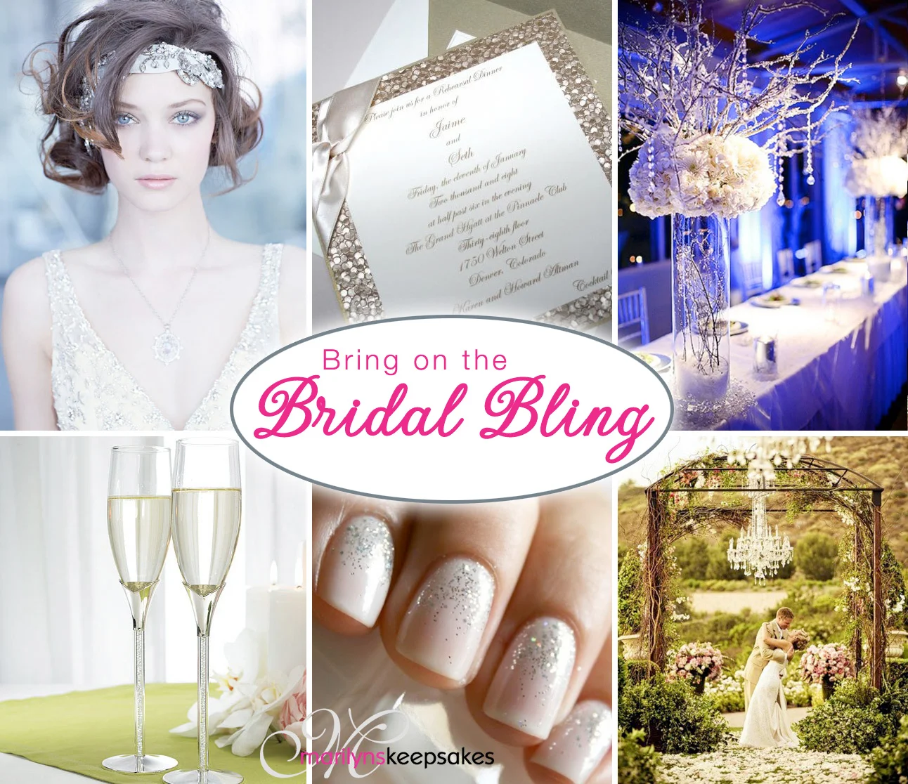 Bring on the Bridal Bling Inspiration Board Credits: Lazaro Wedding Dress , Glitter Invitations , Crystal Wedding Centerpieces , Crystal Champagne Flutes , Glitter Bridal Nails , Outdoor Wedding Chandeliers