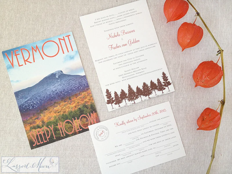 A travel poster style wedding invitation with Mad Lib RSVPs | by Lasso'd Moon