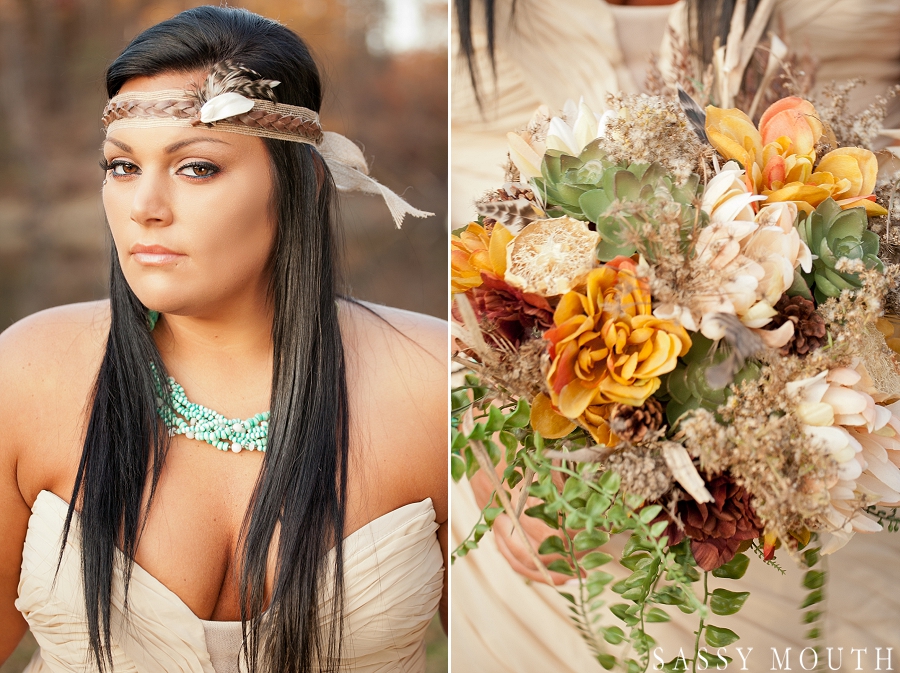A beautiful head wrap and bouquet from a Pocahontas Inspired Wedding - by Sassy Mouth Photography