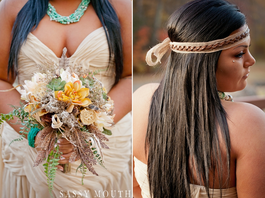 Indian inspired head wrap and bouquet from a Pocahontas Wedding Photo Shoot - by Sassy Mouth Photography