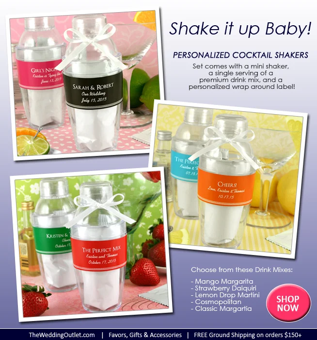 Personalized Cocktail Shaker Wedding Favors : complete with mini shaker and single serving of a premium drink mix