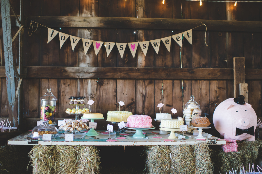 Love is Sweet wedding dessert bar with a paper maché pig card holder | photo by Jessica Oh Photography