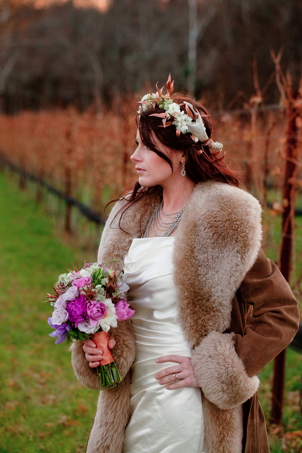 Midwinter Night's Dream Wedding | Bride in Vineyard | Styled Shoot | Katie Rose LLC | Florals by Eight Tree Street | Photo by Mollie Tobias Photography #vineyardweddings #purple