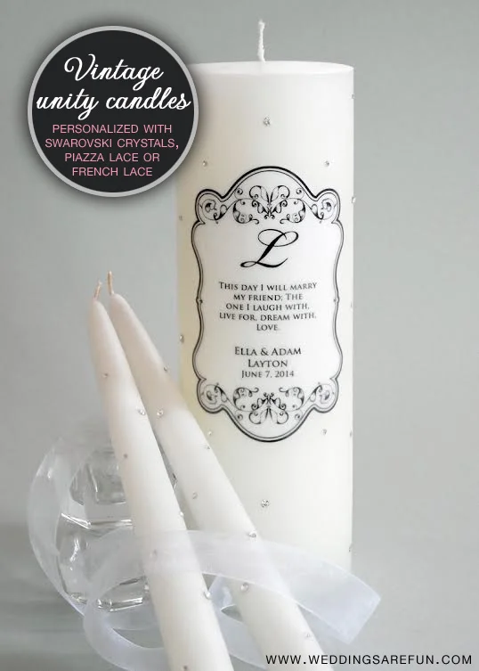 Vintage Unity Candles that are personalized with Swarovski Crystals, Piazza Lace or French Lace | via weddingsarefun.com #unitycandles #swarovskicrystals #vintageweddings #vintageunitycandles