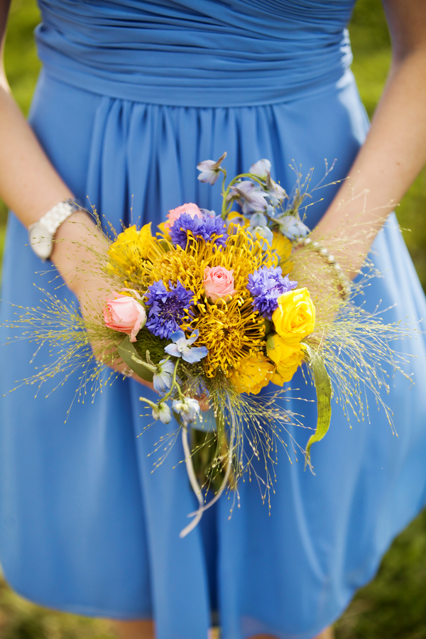  wildflower bridesmaids bouquet with a cornflower blue dress&nbsp;| photo by&nbsp;Pepper Nix Photography 