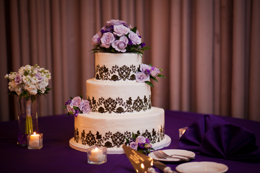  purple and black damask wedding cake | photo by Kate's Lens Photography 