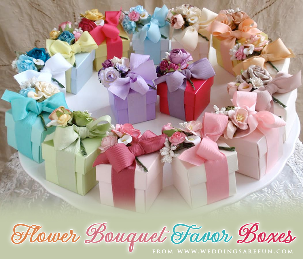 Flower Bouquet Favor Boxes - tied with ribbon and filled with goodies of your choice | from www.weddingsarefun.com