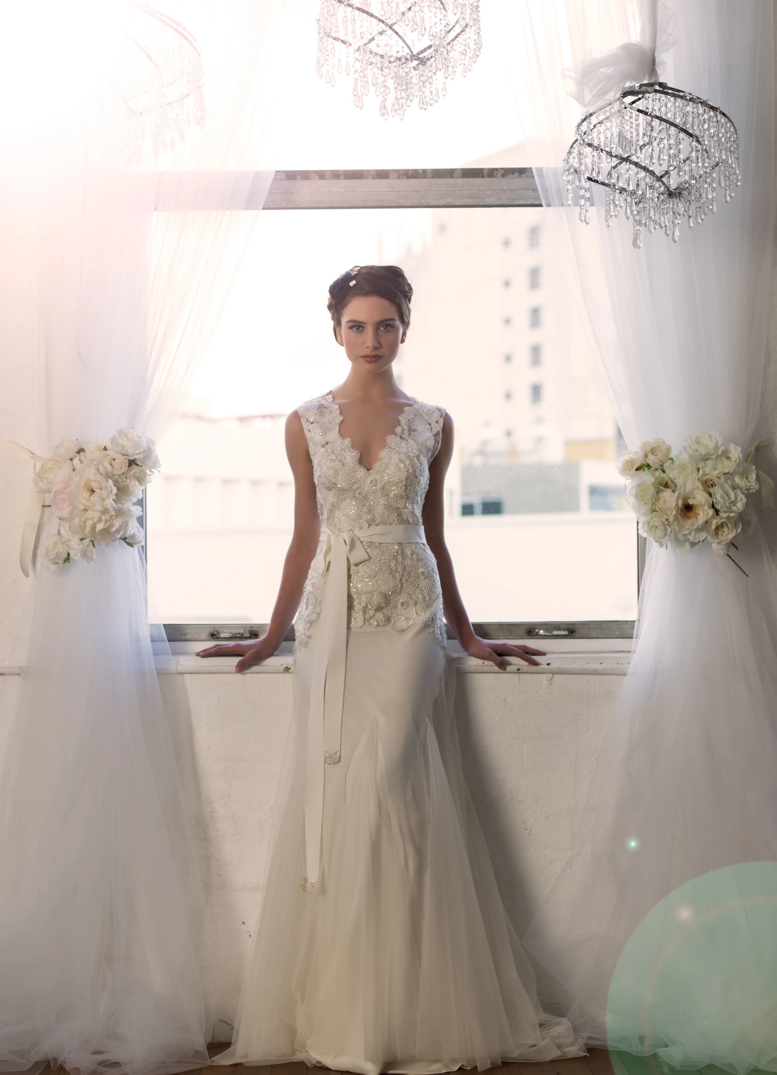 Sarah Janks Wedding Gown - Fall 2014 Collection {Delilah} : embroidered flowers accented with faceted beads on a sheer, tulle overlay