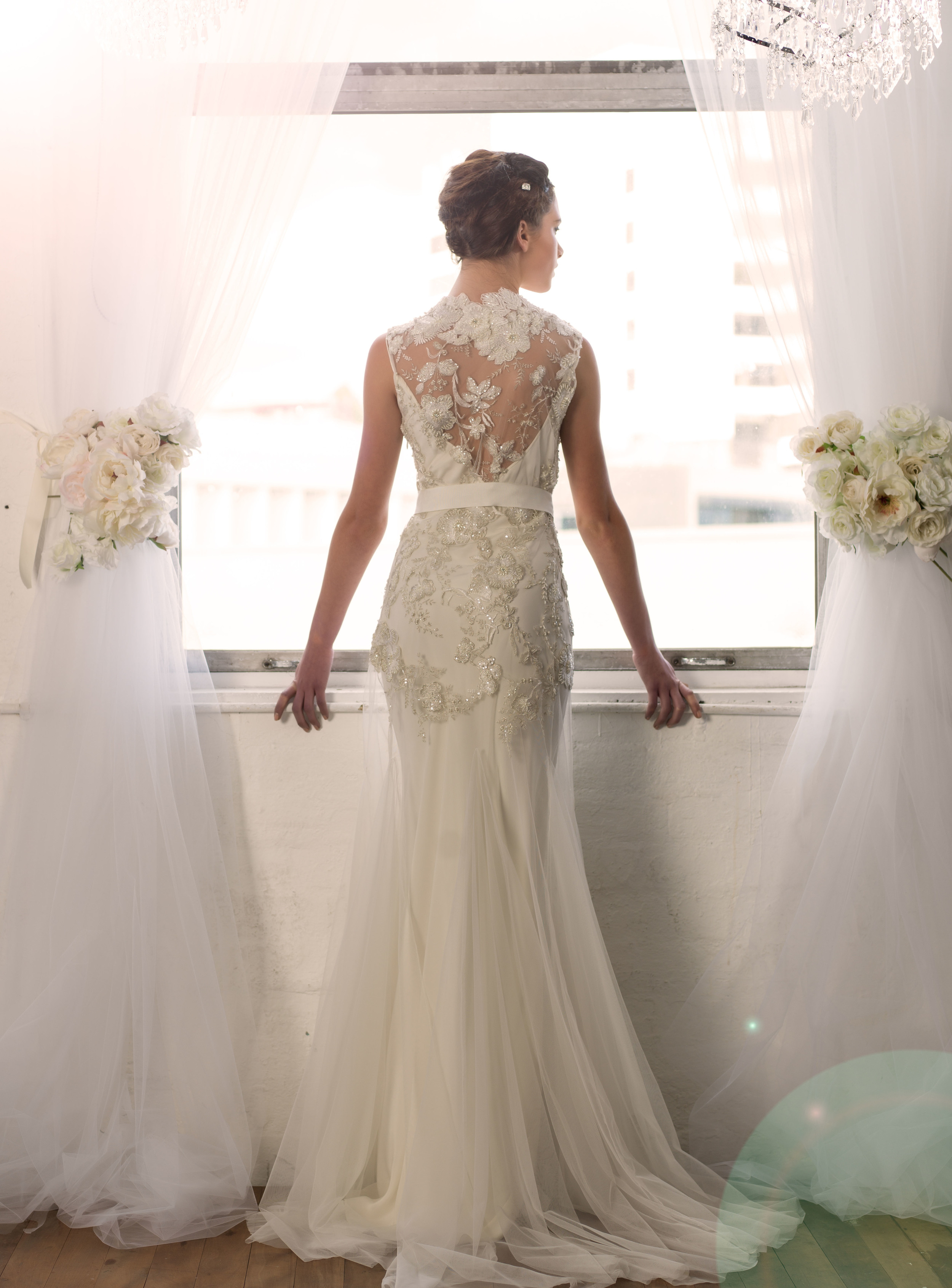 Sarah Janks Wedding Gown - Fall 2014 Collection {Delilah, the backside} : embroidered flowers accented with faceted beads on a sheer, tulle overlay