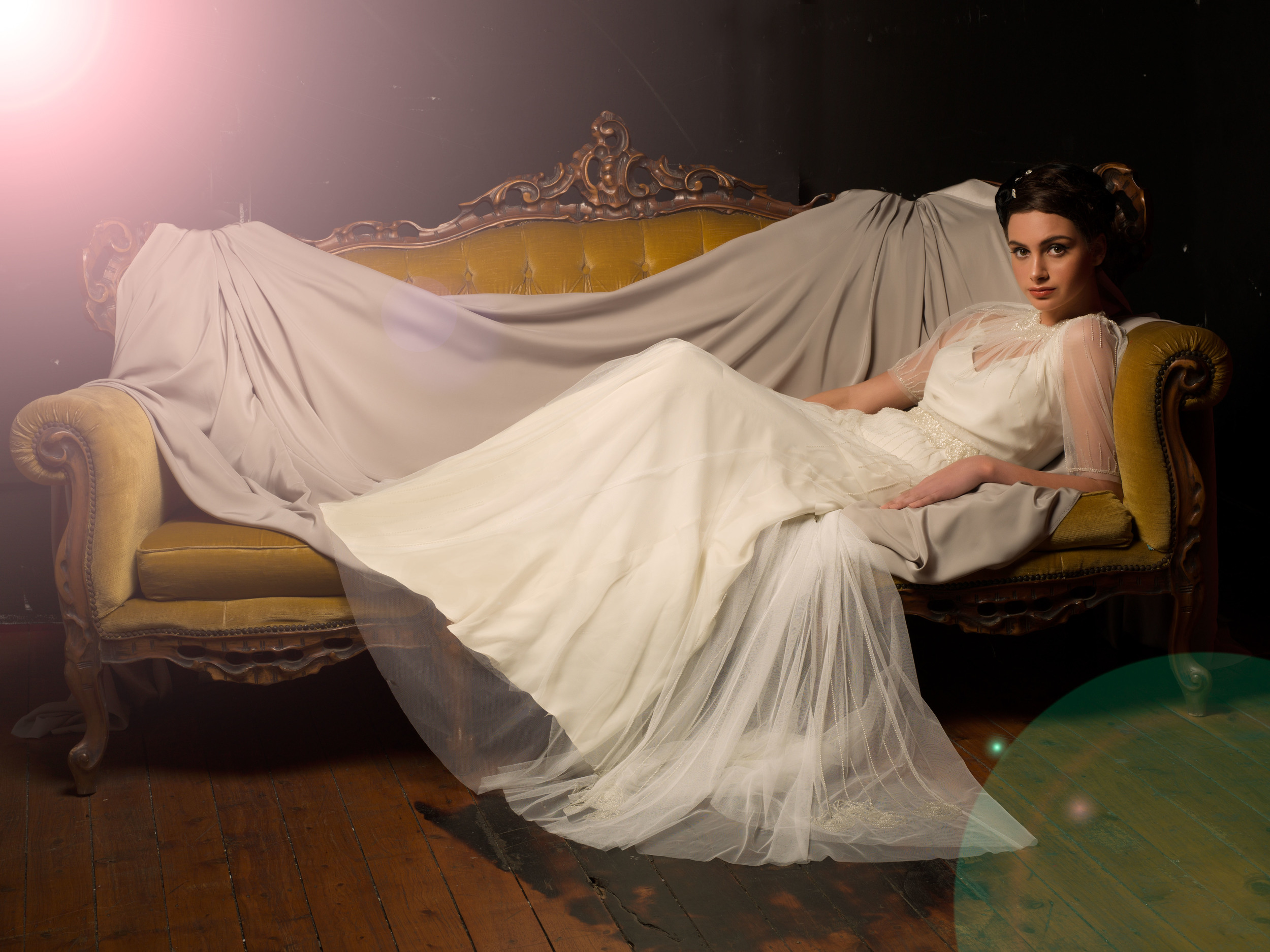 Sarah Janks Wedding Gown - Fall 2014 Collection {Delphine} : beaded, appliquéd roses at the jewel neckline, short Juliet sleeves and a belt of beaded blooms