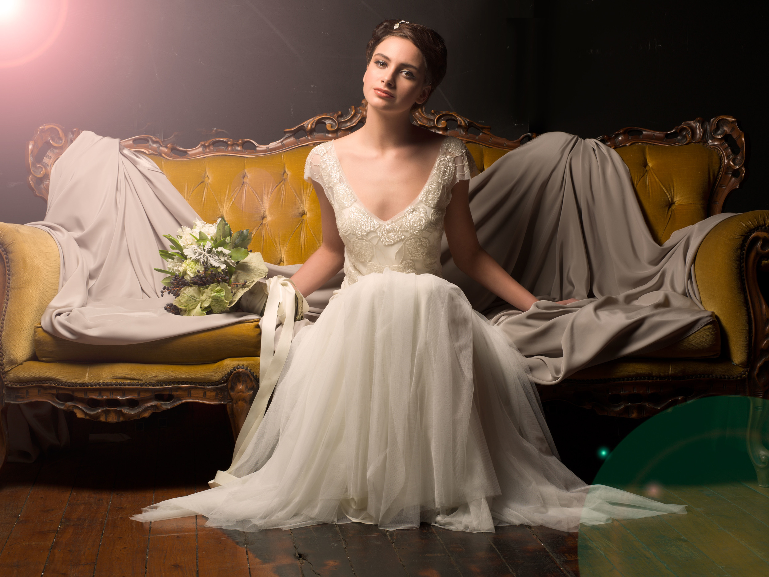 Sarah Janks Wedding Gown - Fall 2014 Collection {Dulce} : Art Nouveau-inspired dress, hand-beaded roses, tulle overlay and flutter sleeves