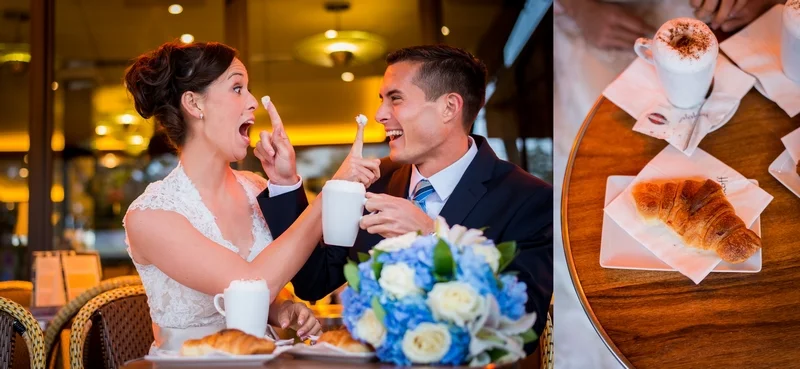 Couple having fun at a Parisian-cafe on their elopement to Paris, France | planned by Paris Weddings by Toni G. | photography by The Paris Photographer