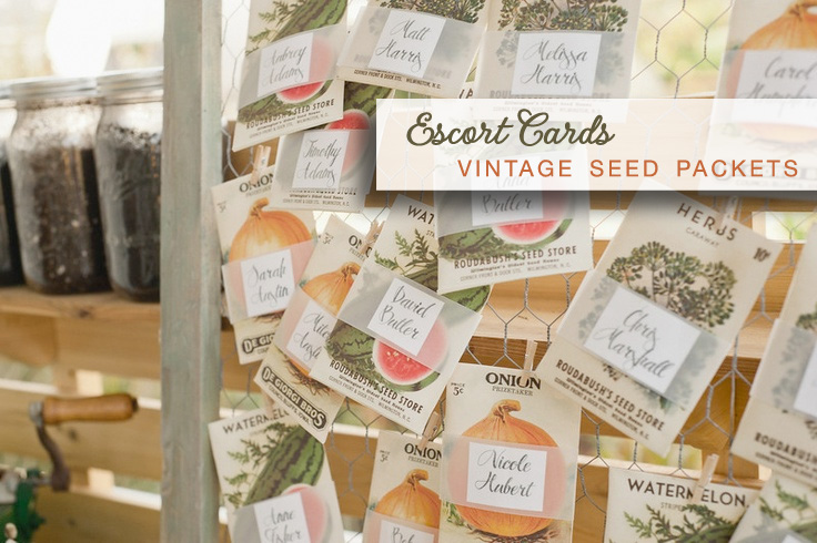 Vintage Seed Packets as escort cards for weddings | image via eco-beautifulweddings.com