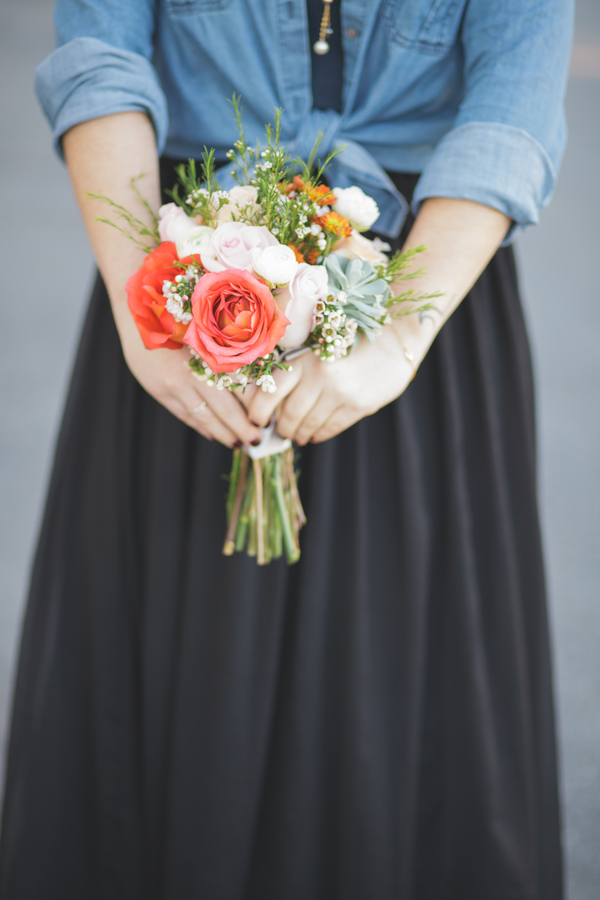  Casual Bridesmaids Attire with a Button Down Denim Shirt and Skirt and a mini bouquet from Eight Tree Street | as seen on BrendasWeddingBlog.com 