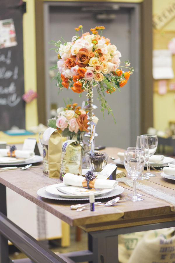  Stunning Wedding Floral Centerpiece&nbsp; for a Coffee Themed Table Setting from Eight Tree Street | as seen on BrendasWeddingBlog.com 