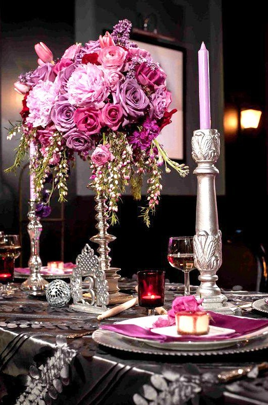 Spectacular Tall Pink and Purple Wedding Centerpiece by Maribel of Eight Tree Street Floral Design | Photo by Rachel Lowe Photography