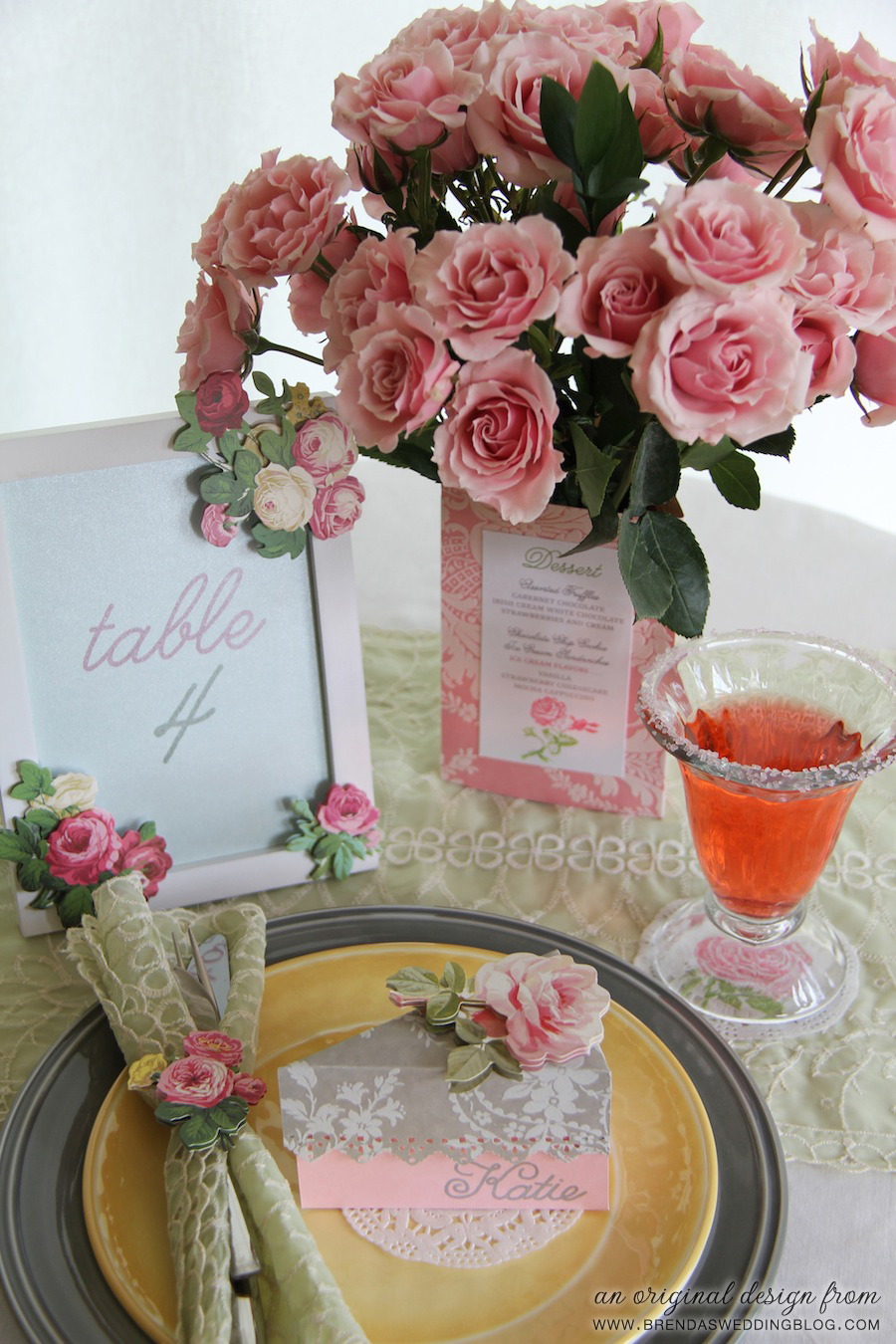 DIY Wedding Tablesetting with Place Card / Favor Box, Tri-fold Menu as Centerpiece Holder, Rubber Stamped Doily and Table Number Frame | via www.brendasweddingblog.com