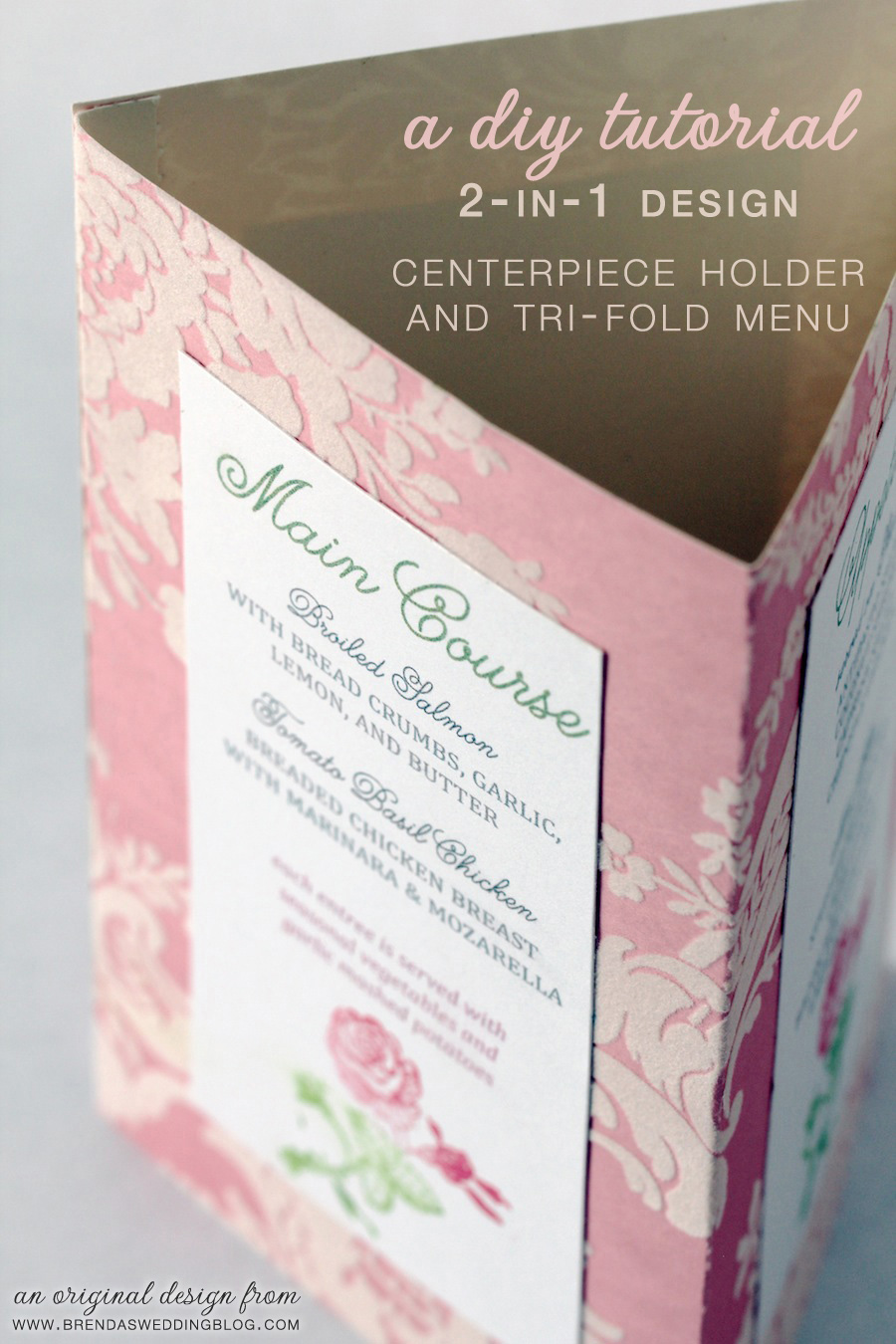A Wedding DIY Tutorial : Tri-Fold Menu and Centerpiece Holder In One | original design by www.brendasweddingblog.com